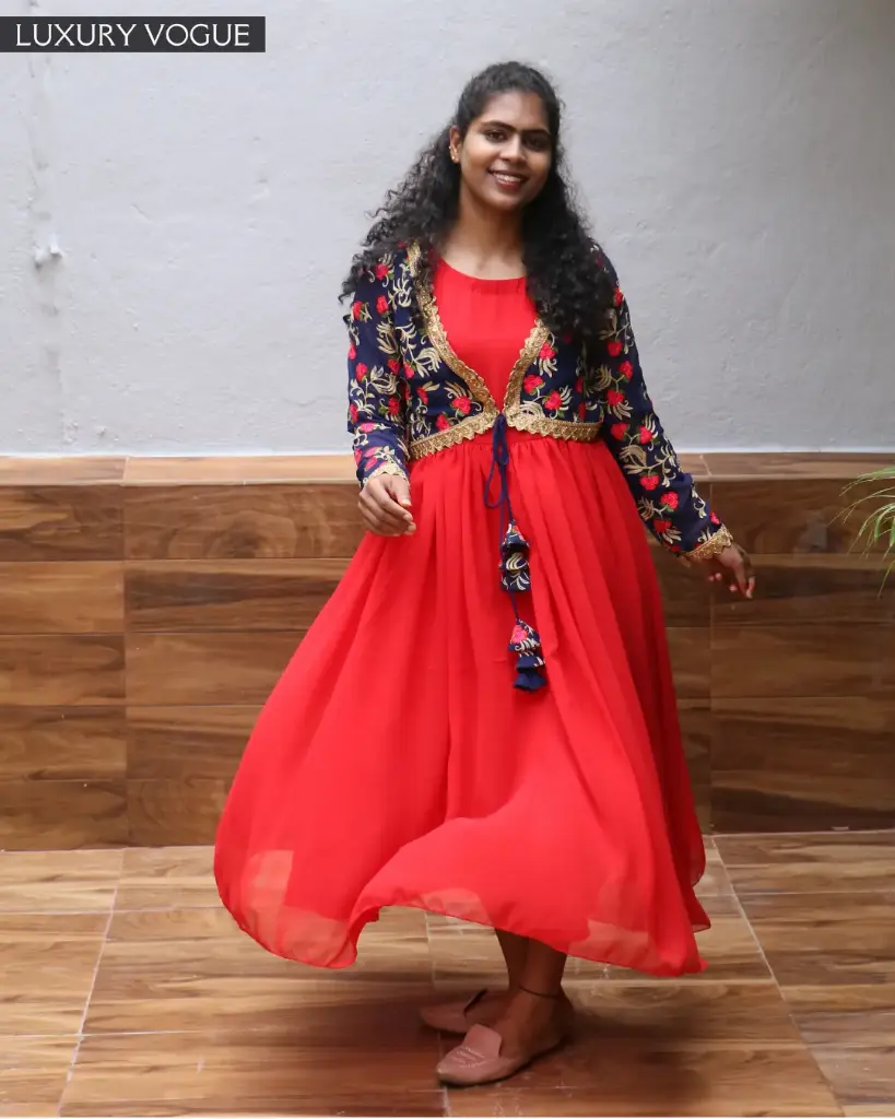 Red Anarkali Kurti with Blue Coat